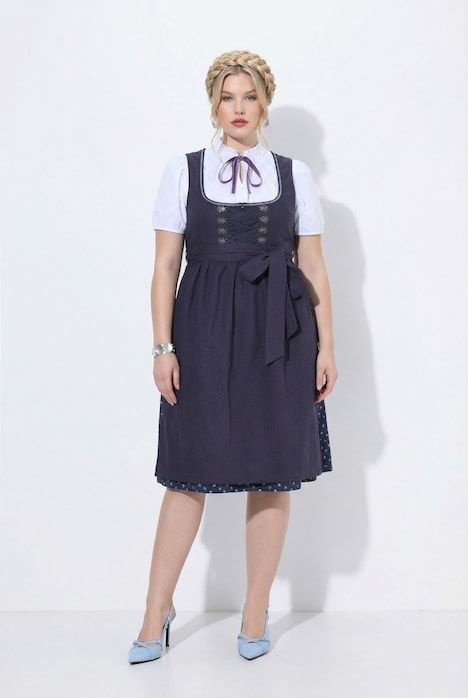 Dirndl en lin mélangé, fleurs, col carré, laçage