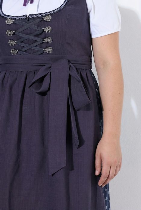 Dirndl en lin mélangé, fleurs, col carré, laçage