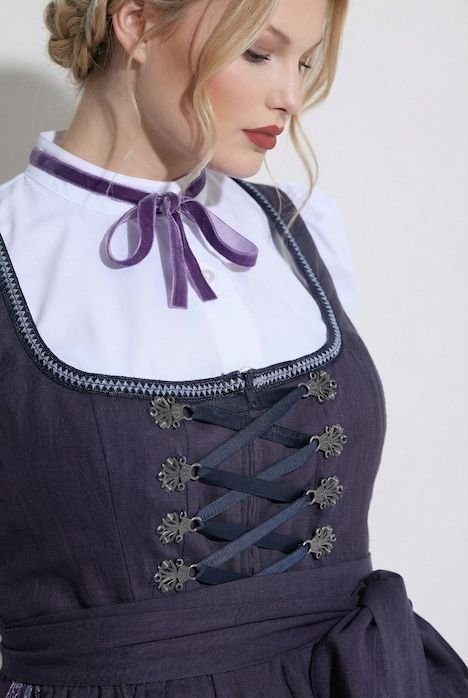 Dirndl en lin mélangé, fleurs, col carré, laçage
