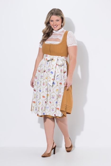 Dirndl en lin mélangé, pinces, fleurs, col carré