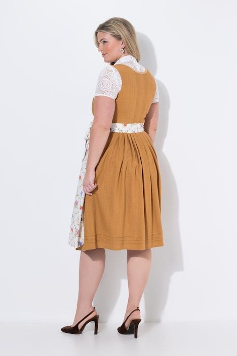 Dirndl en lin mélangé, pinces, fleurs, col carré