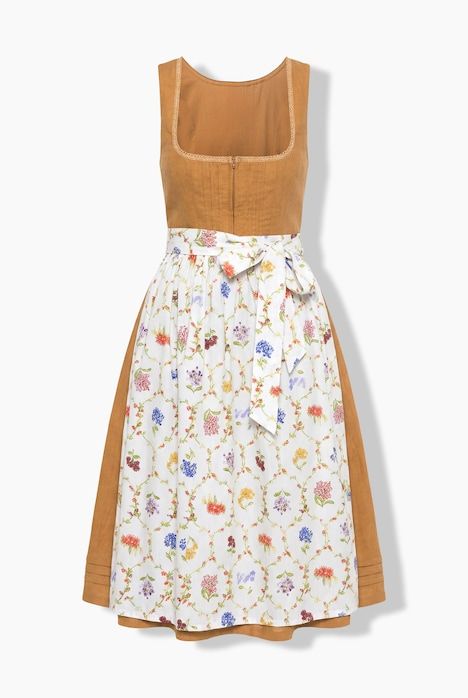 Dirndl en lin mélangé, pinces, fleurs, col carré
