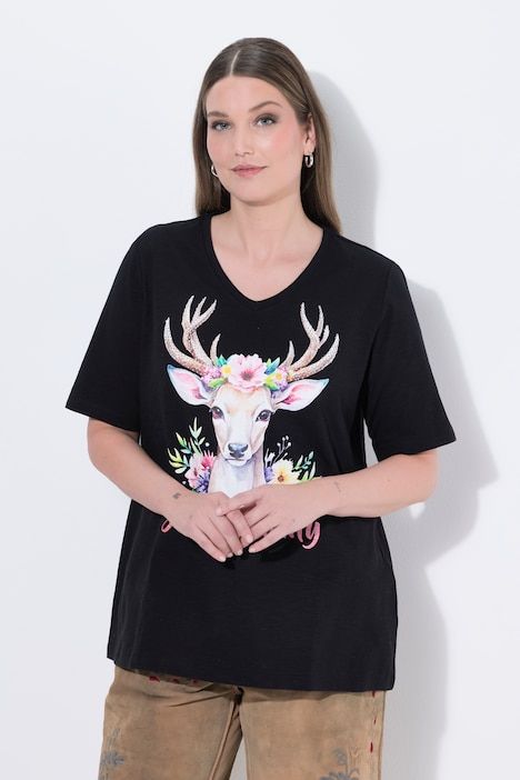 T-shirt à coupe classique, col V, manches courtes, motif de cerf