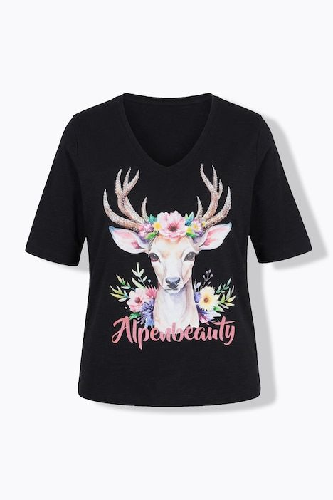 T-shirt à coupe classique, col V, manches courtes, motif de cerf