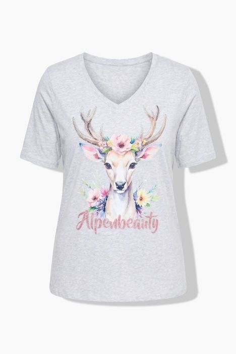 T-shirt à coupe classique, col V, manches courtes, motif de cerf
