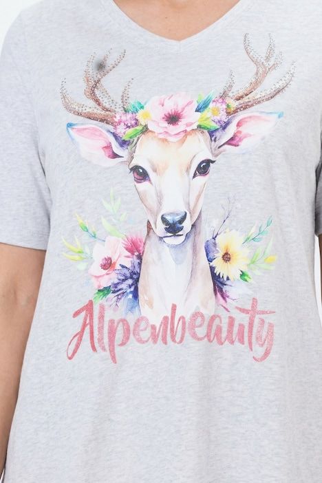 T-shirt à coupe classique, col V, manches courtes, motif de cerf