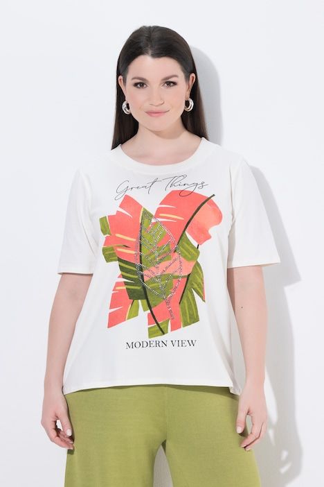 T-shirt avec imprimé feuilles de palmier à manches mi-longues, avec col rond