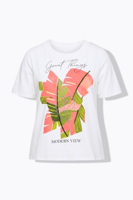 T-shirt avec imprimé feuilles de palmier à manches mi-longues, avec col rond
