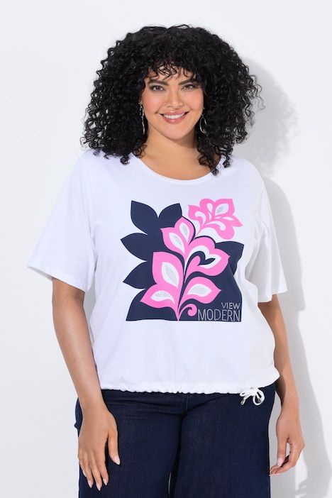 T-shirt à motif feuilles de palmier, coupe Boxy, col rond, manches mi-longues, ourlet