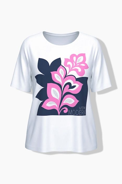 T-shirt à motif feuilles de palmier, coupe Boxy, col rond, manches mi-longues, ourlet