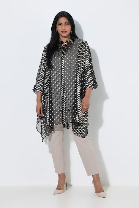 Chemisier long en tissu dévoré, col chemise et manches 3/4, base en pointes
