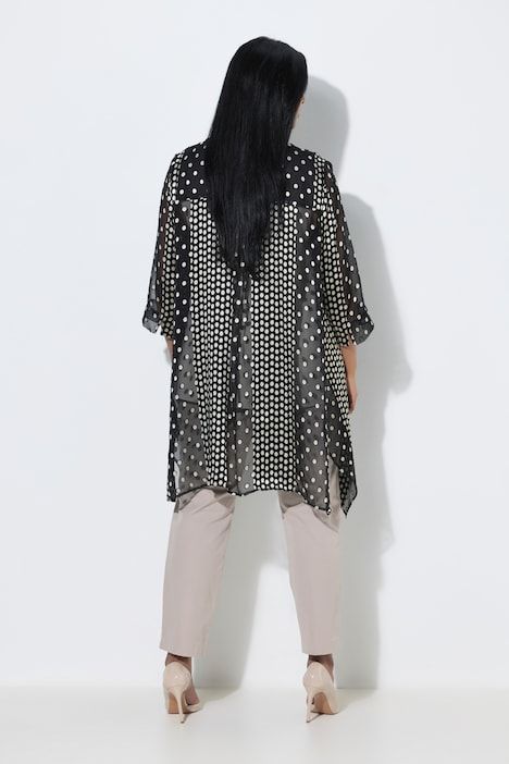 Chemisier long en tissu dévoré, col chemise et manches 3/4, base en pointes