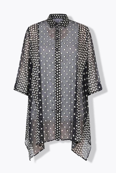 Chemisier long en tissu dévoré, col chemise et manches 3/4, base en pointes