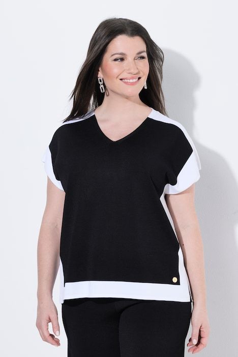 Pull-over, design color block, col en V, manches mi-longues