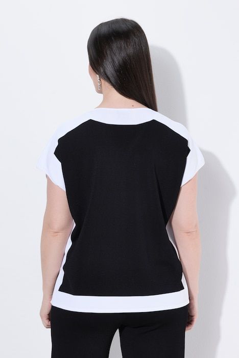 Pull-over, design color block, col en V, manches mi-longues