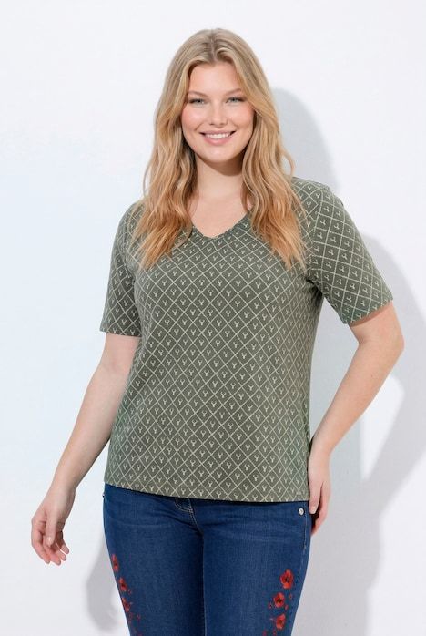 T-shirt motif bois de cerf, décolleté en V et manches courtes, coupe évasée