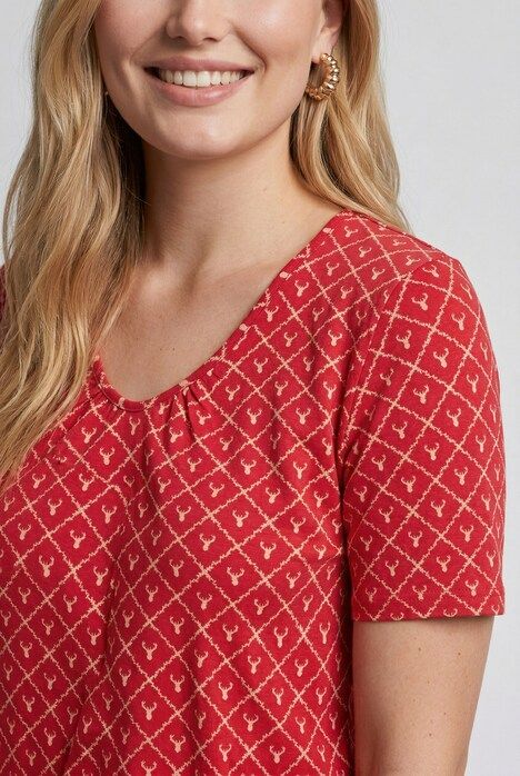 T-shirt motif bois de cerf, décolleté en V et manches courtes, coupe évasée
