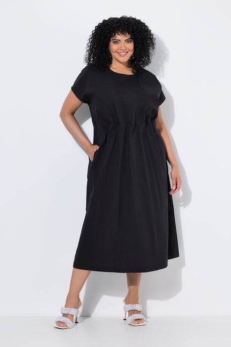 Robe longue, plis décoratifs, cintrée, col rond, manches mi-longues