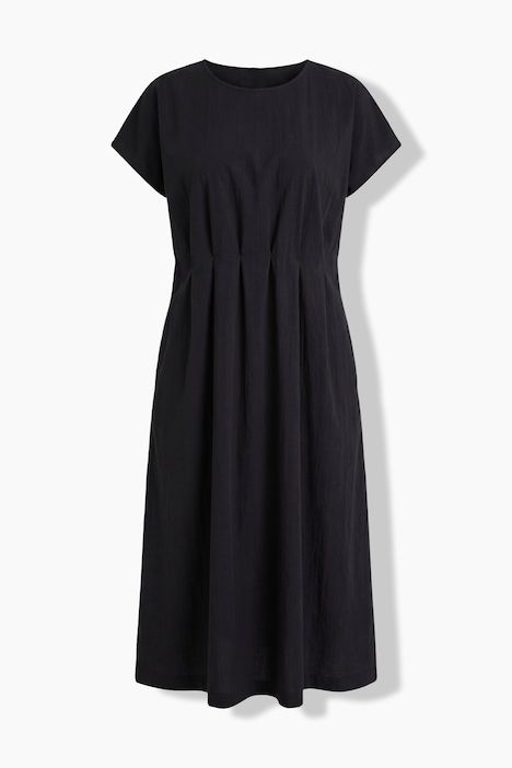 Robe longue, plis décoratifs, cintrée, col rond, manches mi-longues