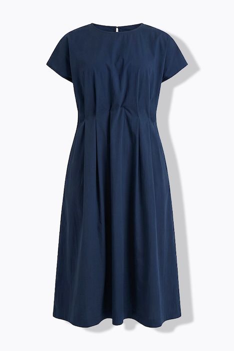 Robe longue, plis décoratifs, cintrée, col rond, manches mi-longues