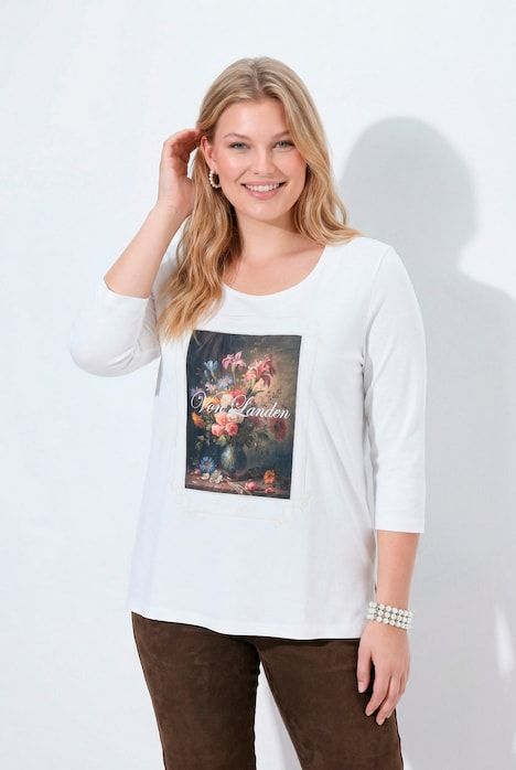 T-shirt brodé, coupe Classic Fit, décolleté carré et manches 3/4