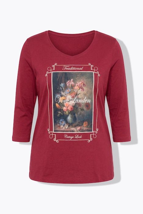 T-shirt brodé, coupe Classic Fit, décolleté carré et manches 3/4