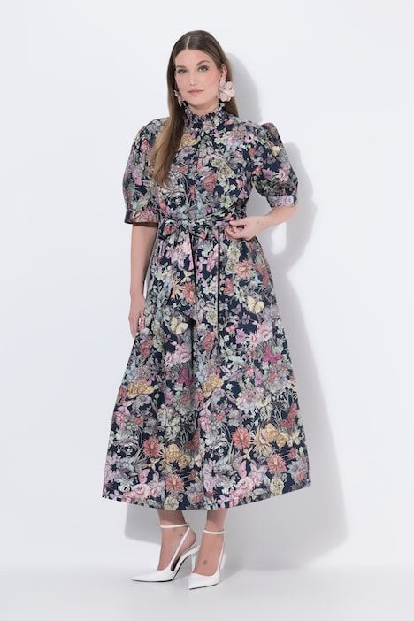 Robe longue à coupe en A, manches courtes, motif
