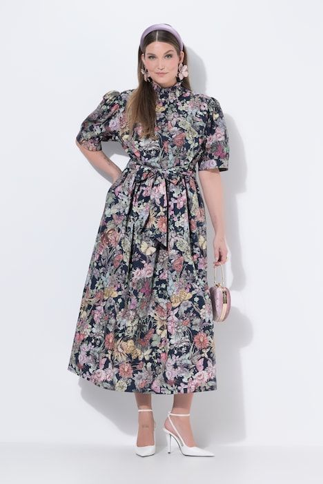 Robe longue à coupe en A, manches courtes, motif