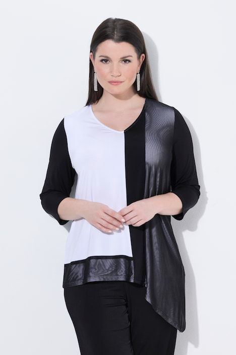 T-shirt en tissu slinky avec ourlet en pointe, manches 3/4, col en V et coupe en A