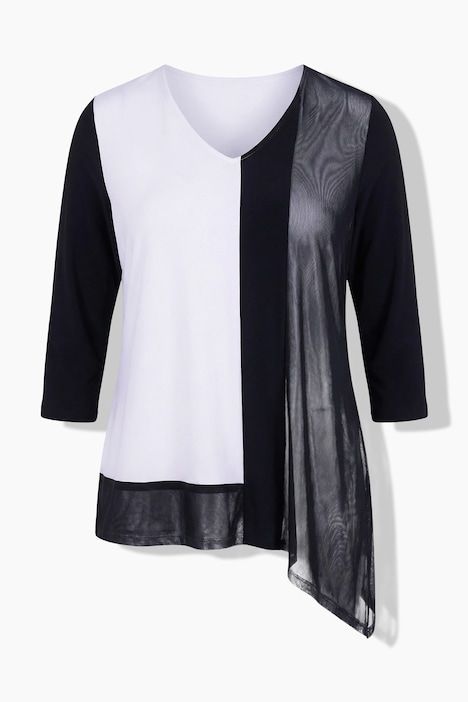 T-shirt en tissu slinky avec ourlet en pointe, manches 3/4, col en V et coupe en A