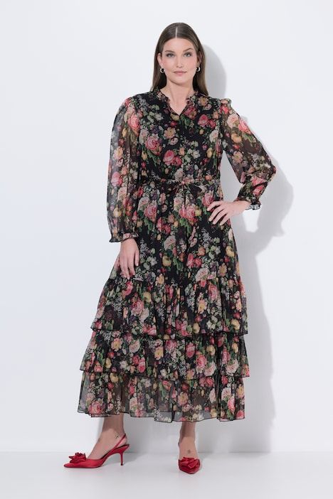 Robe longue à fleurs en mousseline, col roulé, manches longues