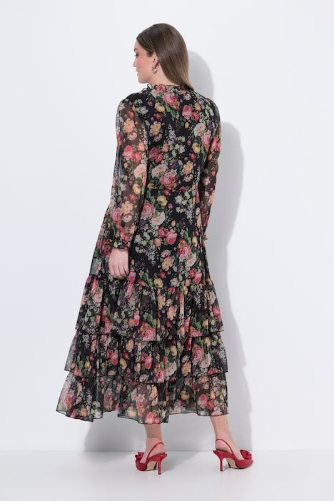 Robe longue à fleurs en mousseline, col roulé, manches longues