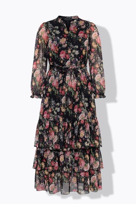 Robe longue à fleurs en mousseline, col roulé, manches longues