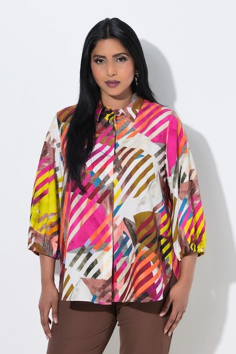 Chemisier en lyocell, col chemise et manches 3/4, coupe évasée