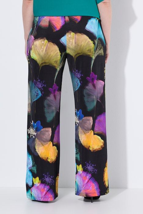 Pantalon slinky, motif ginkgo, plis, taille élastiquée