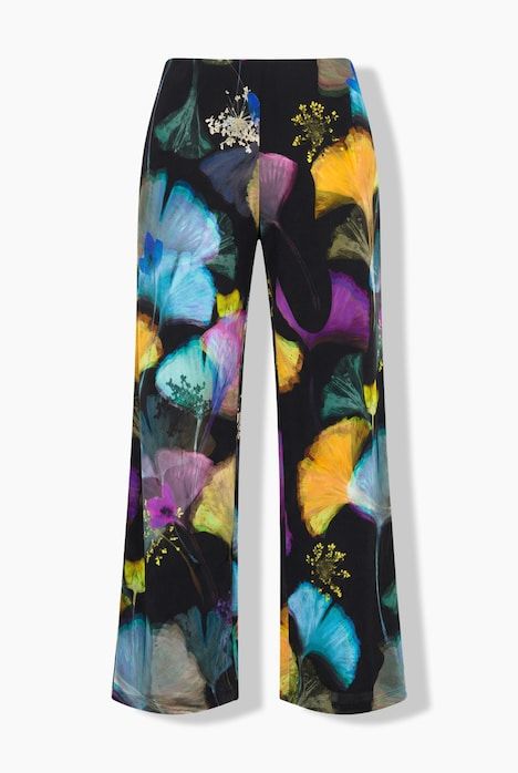 Pantalon slinky, motif ginkgo, plis, taille élastiquée