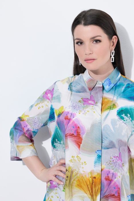 Blouse en lyocell, ourlet en pointe, col de chemise, manches 3/4