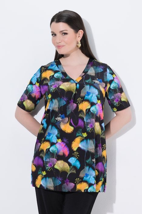 T-shirt long slinky à coupe en A, motif de gingko, col en V, manches courtes