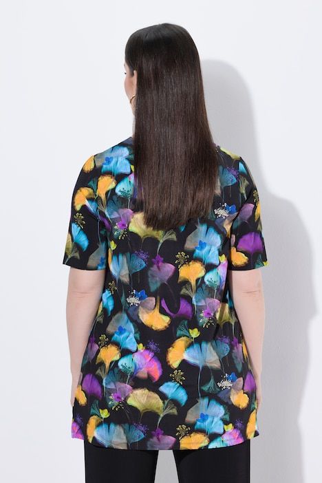 T-shirt long slinky à coupe en A, motif de gingko, col en V, manches courtes