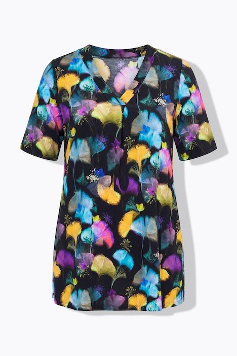 T-shirt long slinky à coupe en A, motif de gingko, col en V, manches courtes