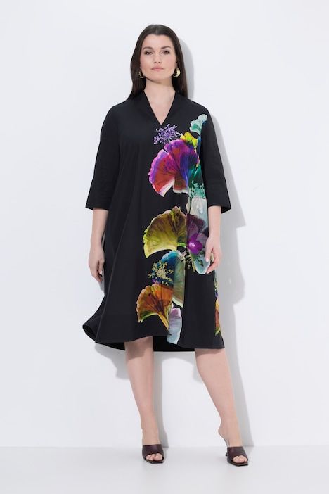 Robe midi, lyocell, coupe en A, col calice, manches 3/4