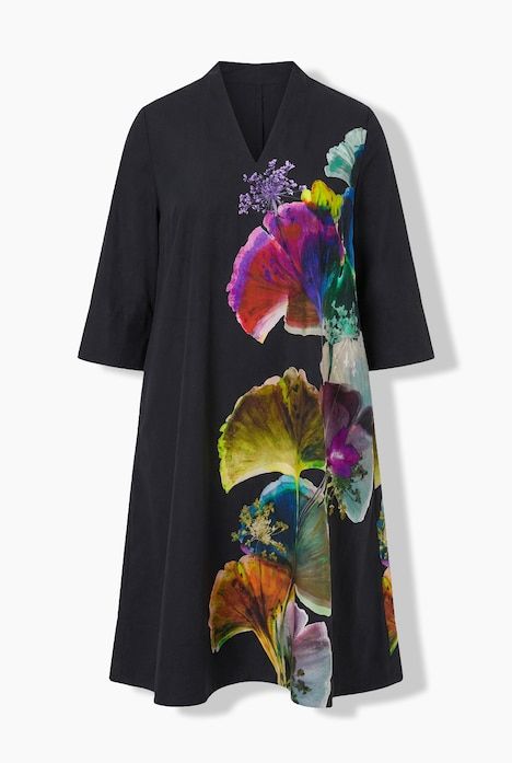 Robe midi, lyocell, coupe en A, col calice, manches 3/4