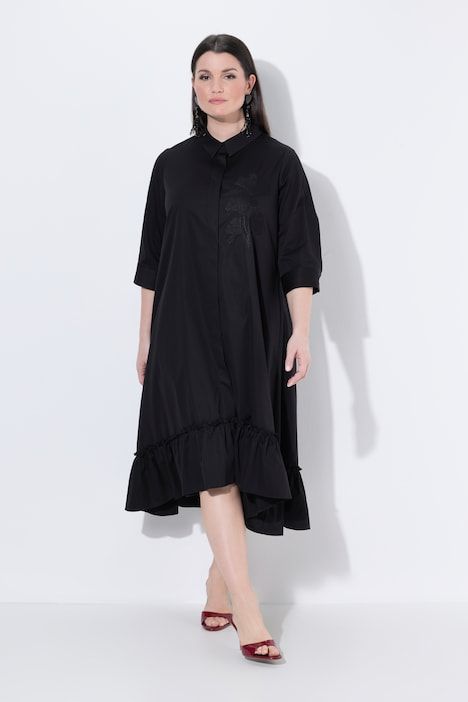 Robe longue, avec ginkgo brodée, col de chemise et manches 3/4