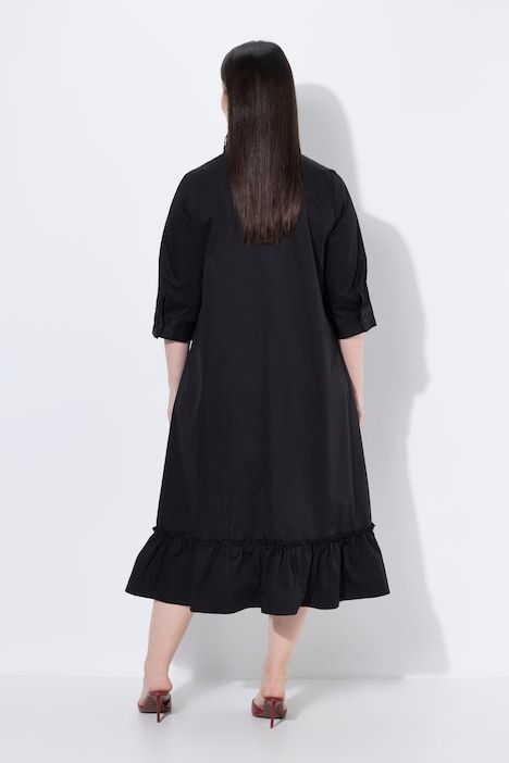 Robe longue, avec ginkgo brodée, col de chemise et manches 3/4