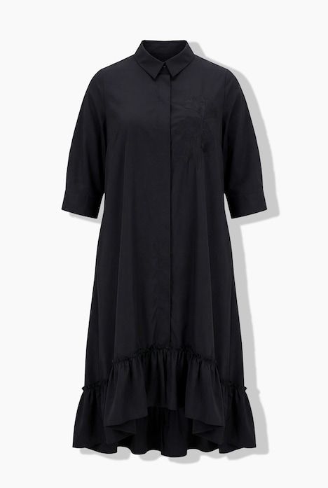 Robe longue, avec ginkgo brodée, col de chemise et manches 3/4