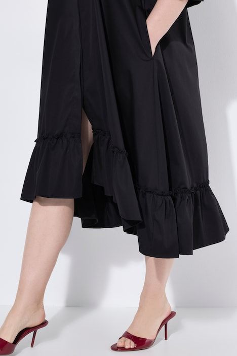 Robe longue, avec ginkgo brodée, col de chemise et manches 3/4