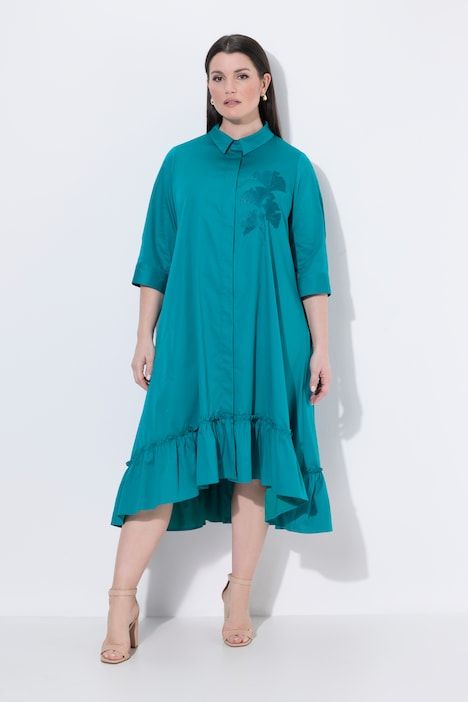 Robe longue, avec ginkgo brodée, col de chemise et manches 3/4