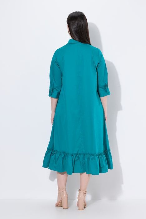 Robe longue, avec ginkgo brodée, col de chemise et manches 3/4