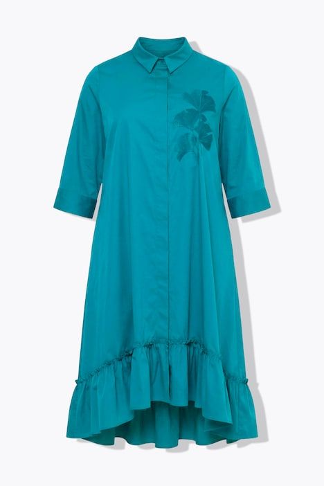 Robe longue, avec ginkgo brodée, col de chemise et manches 3/4