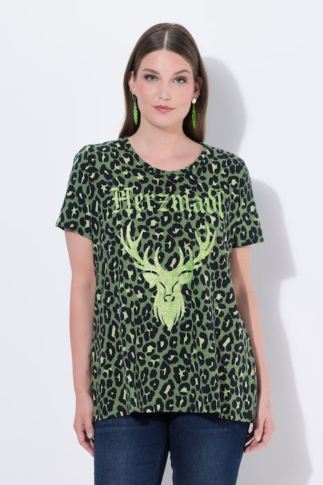 T-shirt, motif léopard, col rond, manches courtes